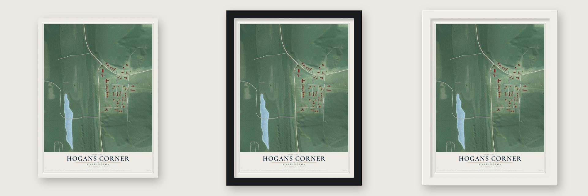 Hogans Corner, Washington map unframed, in a black wood frame and in a white wood frame