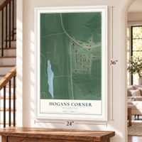 Hogans Corner, Washington map, 24 x 36 inch print in a white frame by a staircase
