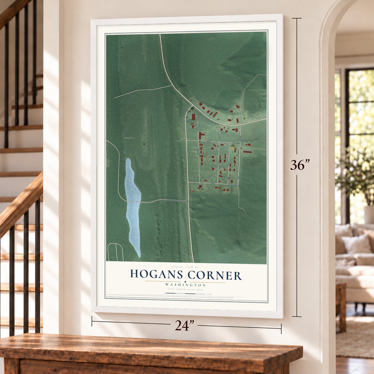 Hogans Corner, Washington map, 24 x 36 inch print in a white frame by a staircase
