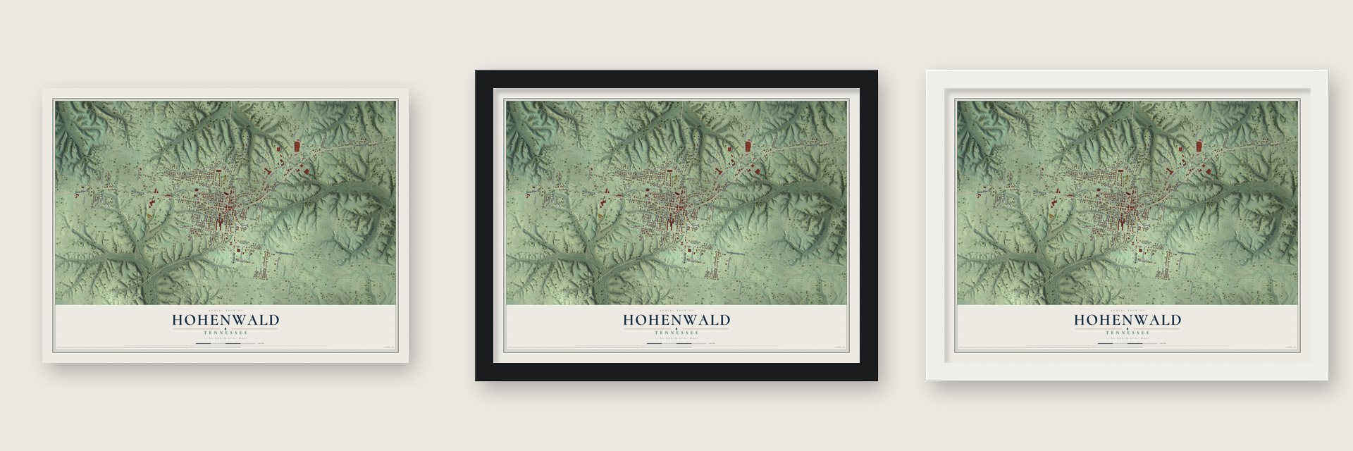 Hohenwald, Tennessee map unframed, in a black wood frame and in a white wood frame