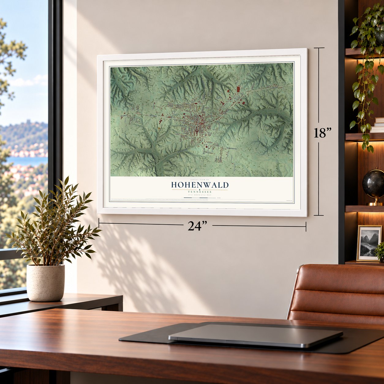 Hohenwald, Tennessee map, 18 x 24 inch print in a white frame in a home office