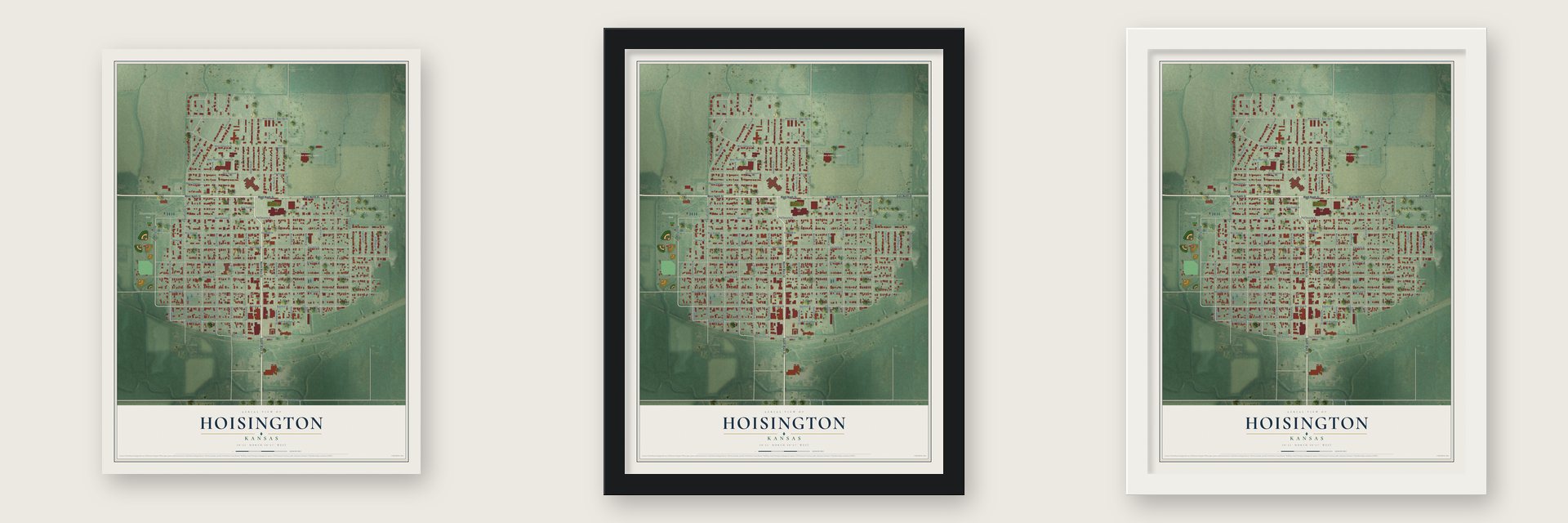 Hoisington, Kansas map unframed, in a black wood frame and in a white wood frame