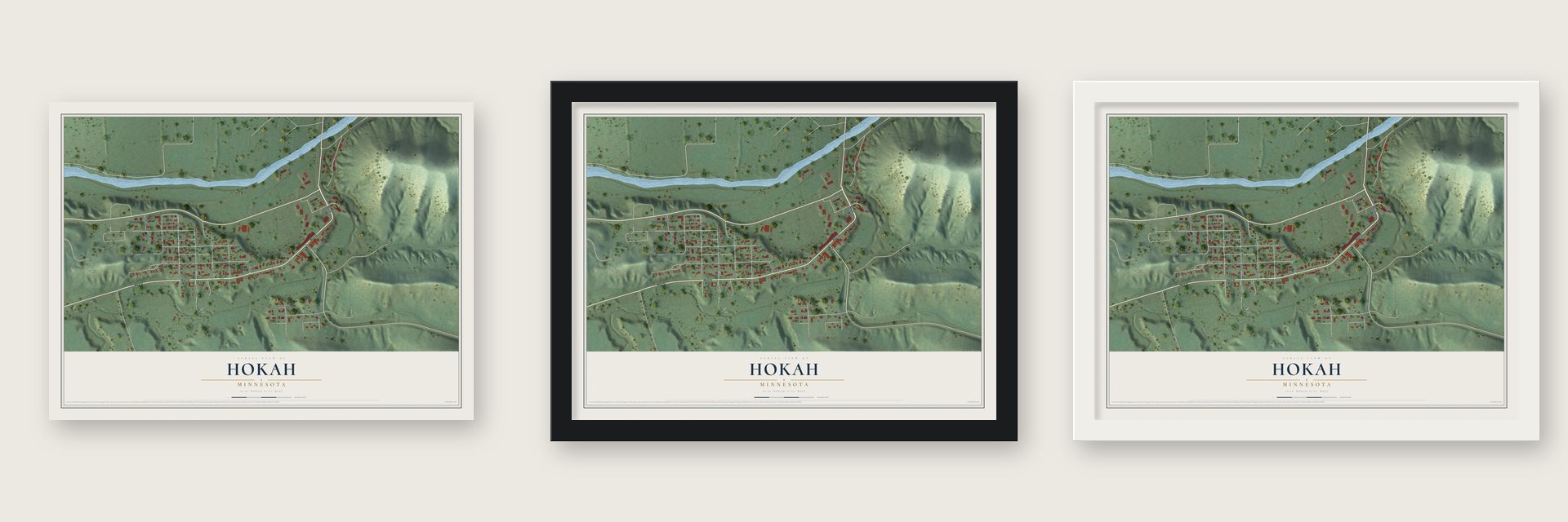 Hokah, Minnesota map unframed, in a black wood frame and in a white wood frame