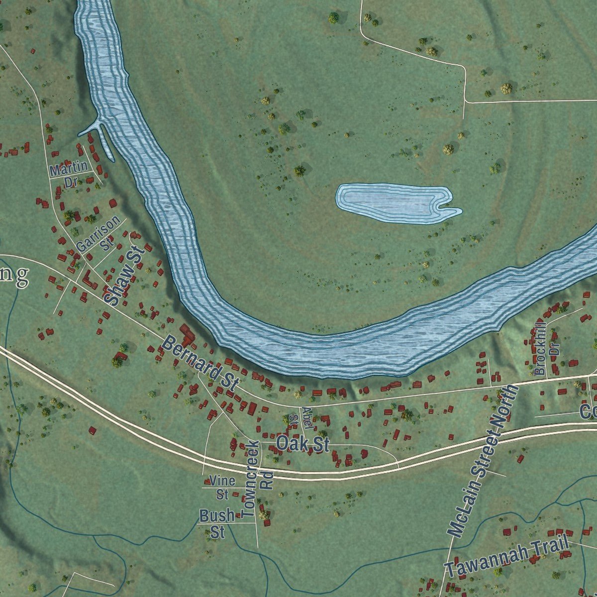 Second close-up of the map of Hokes Bluff, Alabama print showing more streets and buildings