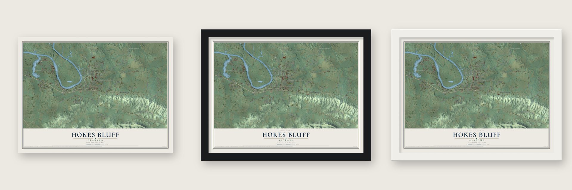 Hokes Bluff, Alabama map unframed, in a black wood frame and in a white wood frame