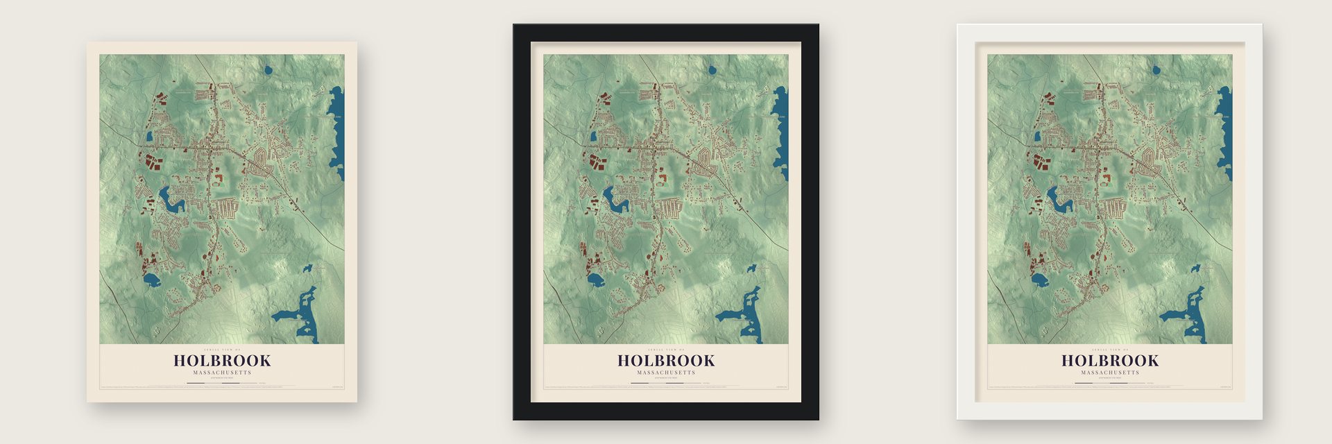Holbrook, Massachusetts map unframed, in a black wood frame and in a white wood frame