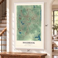 Holbrook, Massachusetts map, 24 x 36 inch print in a white frame by a staircase