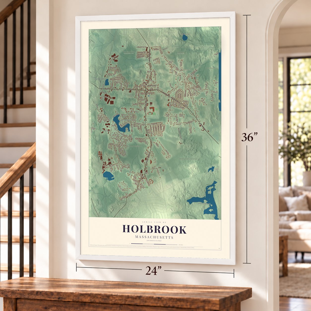 Holbrook, Massachusetts map, 24 x 36 inch print in a white frame by a staircase