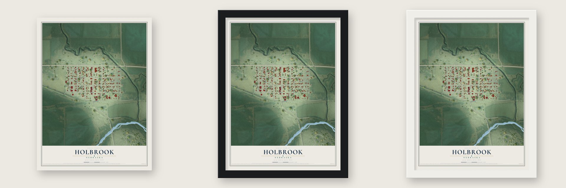 Holbrook, Nebraska map unframed, in a black wood frame and in a white wood frame