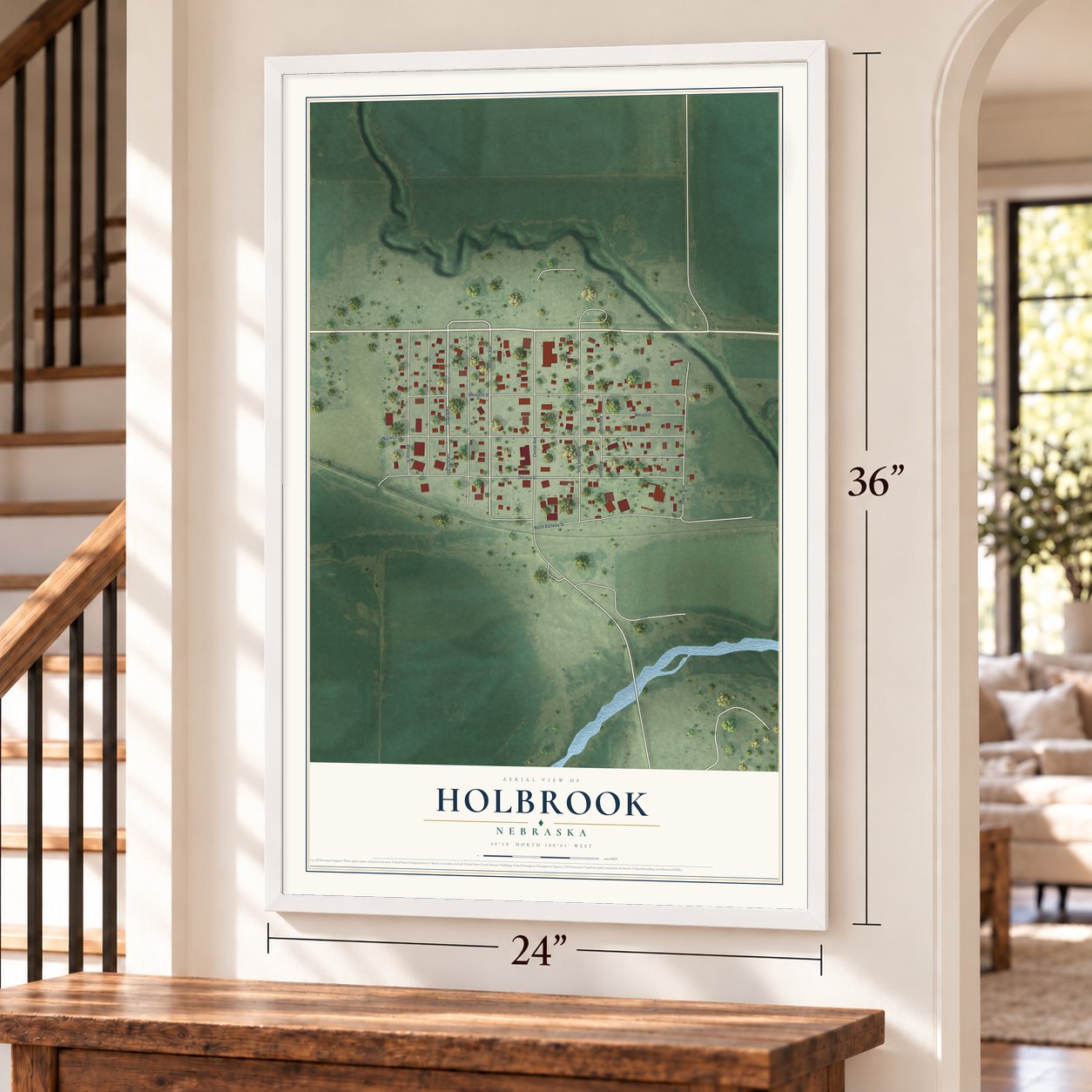 Holbrook, Nebraska map, 24 x 36 inch print in a white frame by a staircase