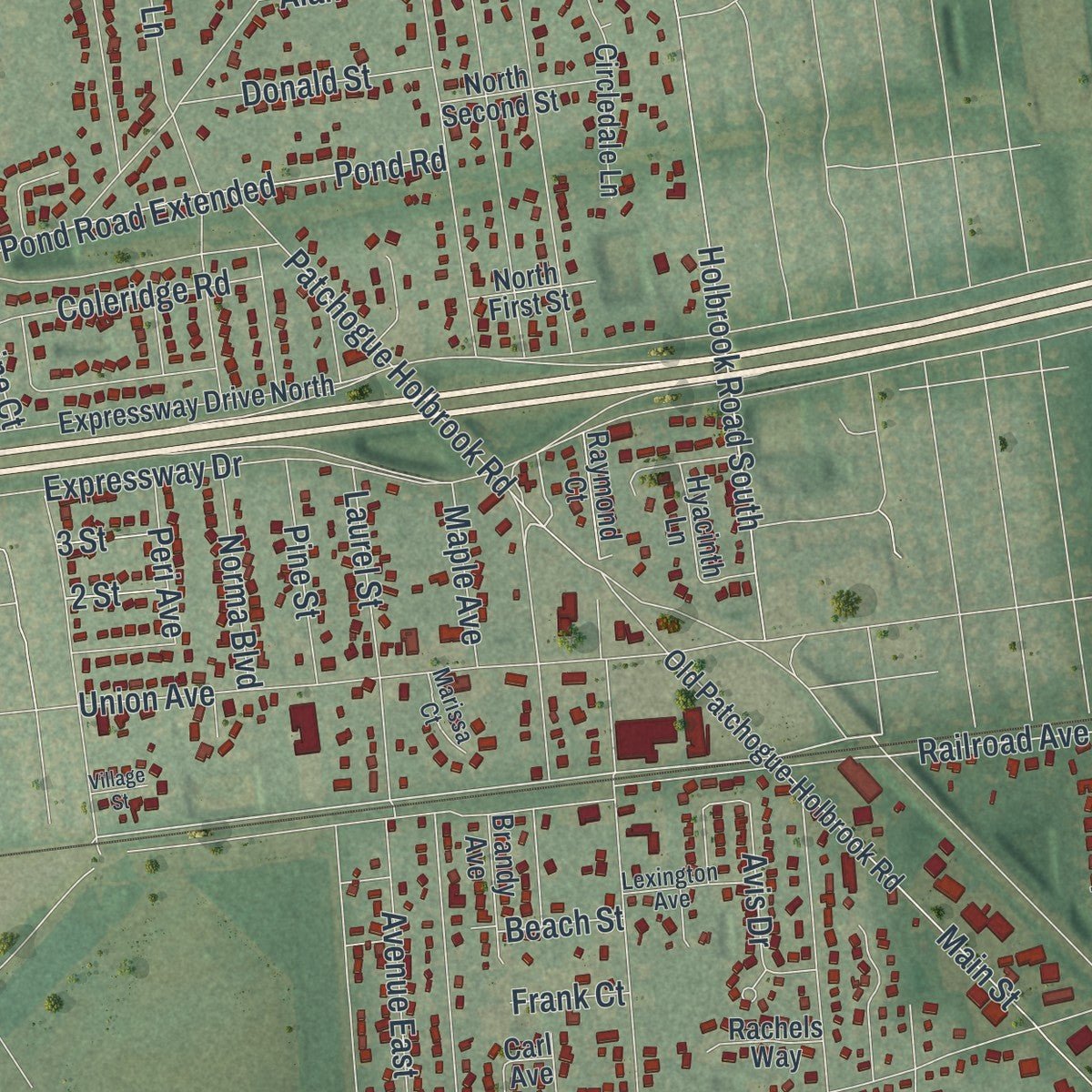 Second close-up of the map of Holbrook, New York print showing more streets and buildings