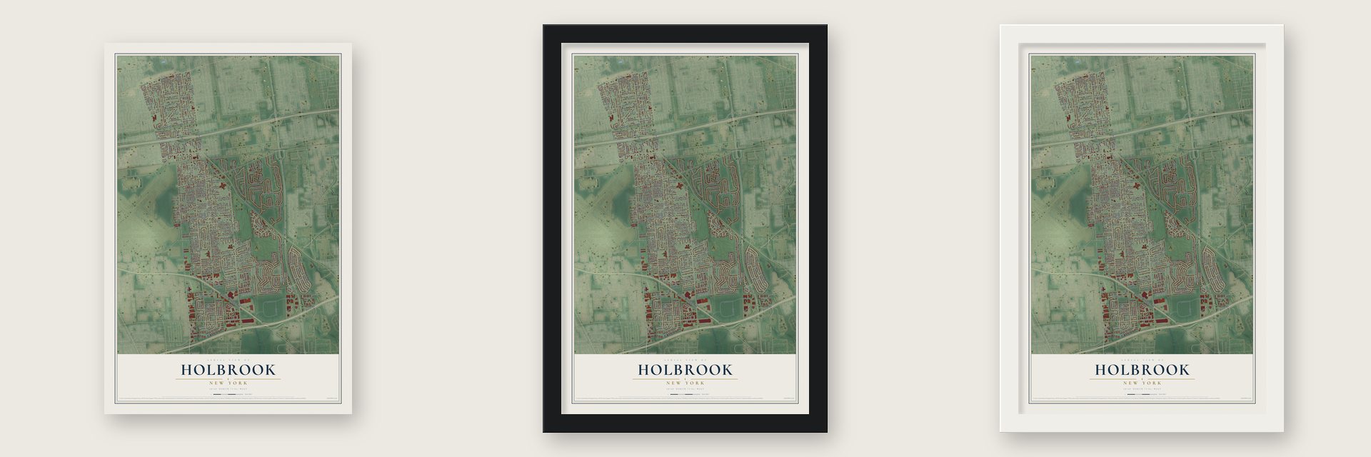 Holbrook, New York map unframed, in a black wood frame and in a white wood frame