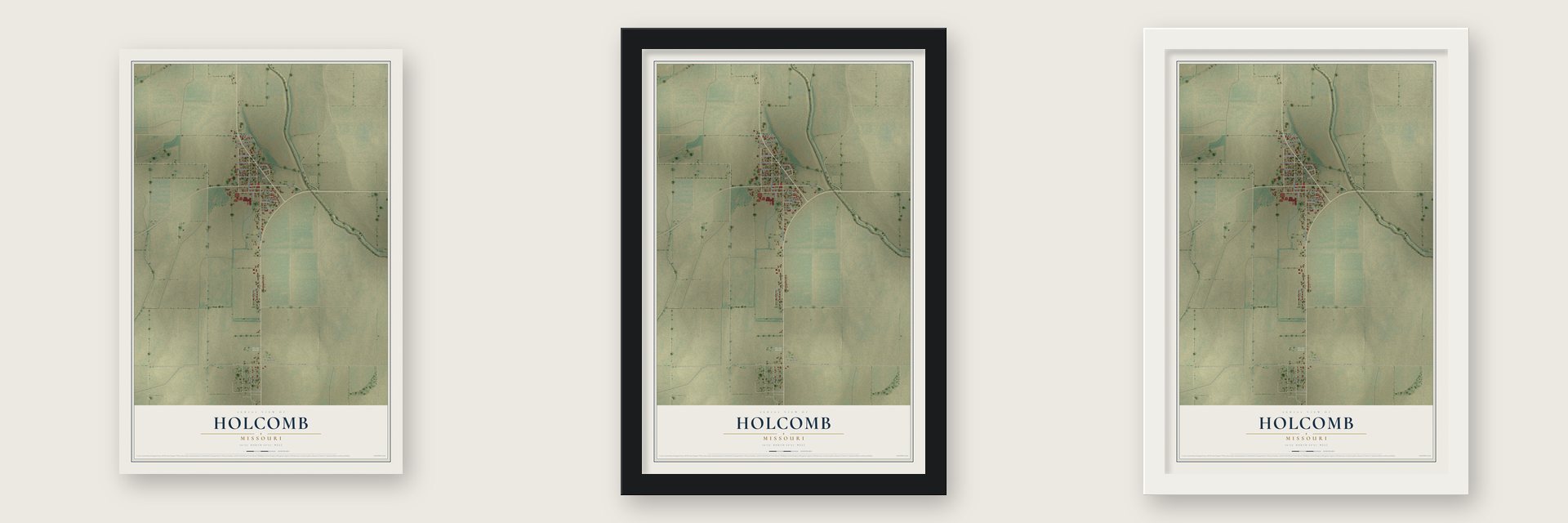Holcomb, Missouri map unframed, in a black wood frame and in a white wood frame