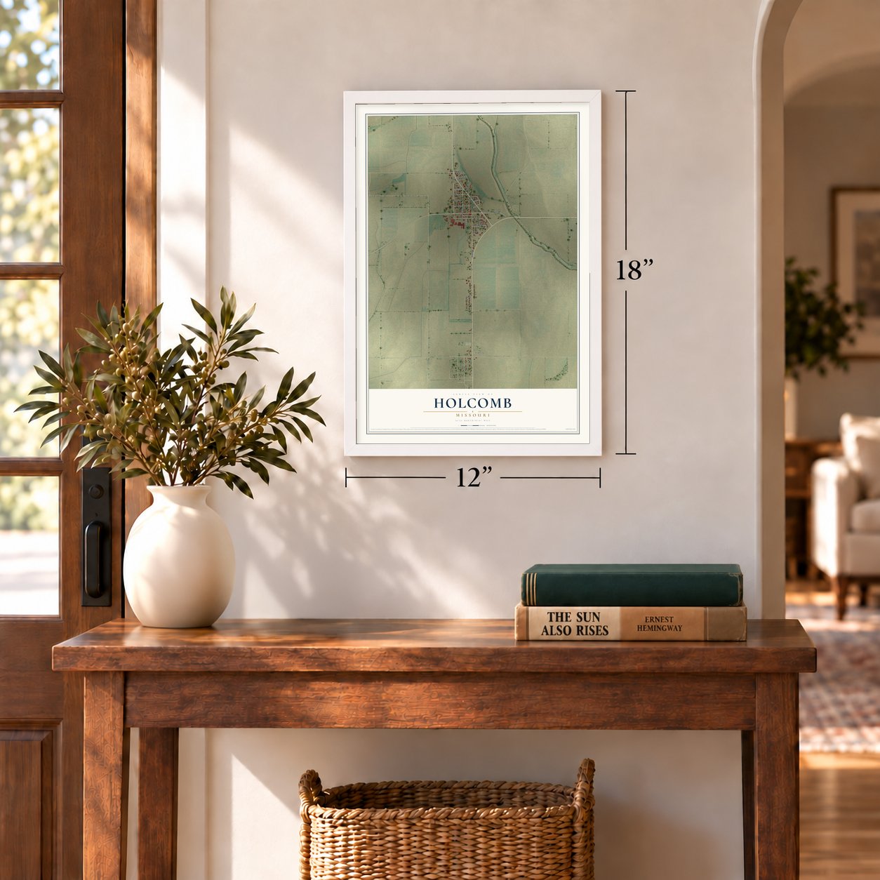 Holcomb, Missouri map, 12 x 18 inch print in a white frame in an entryway