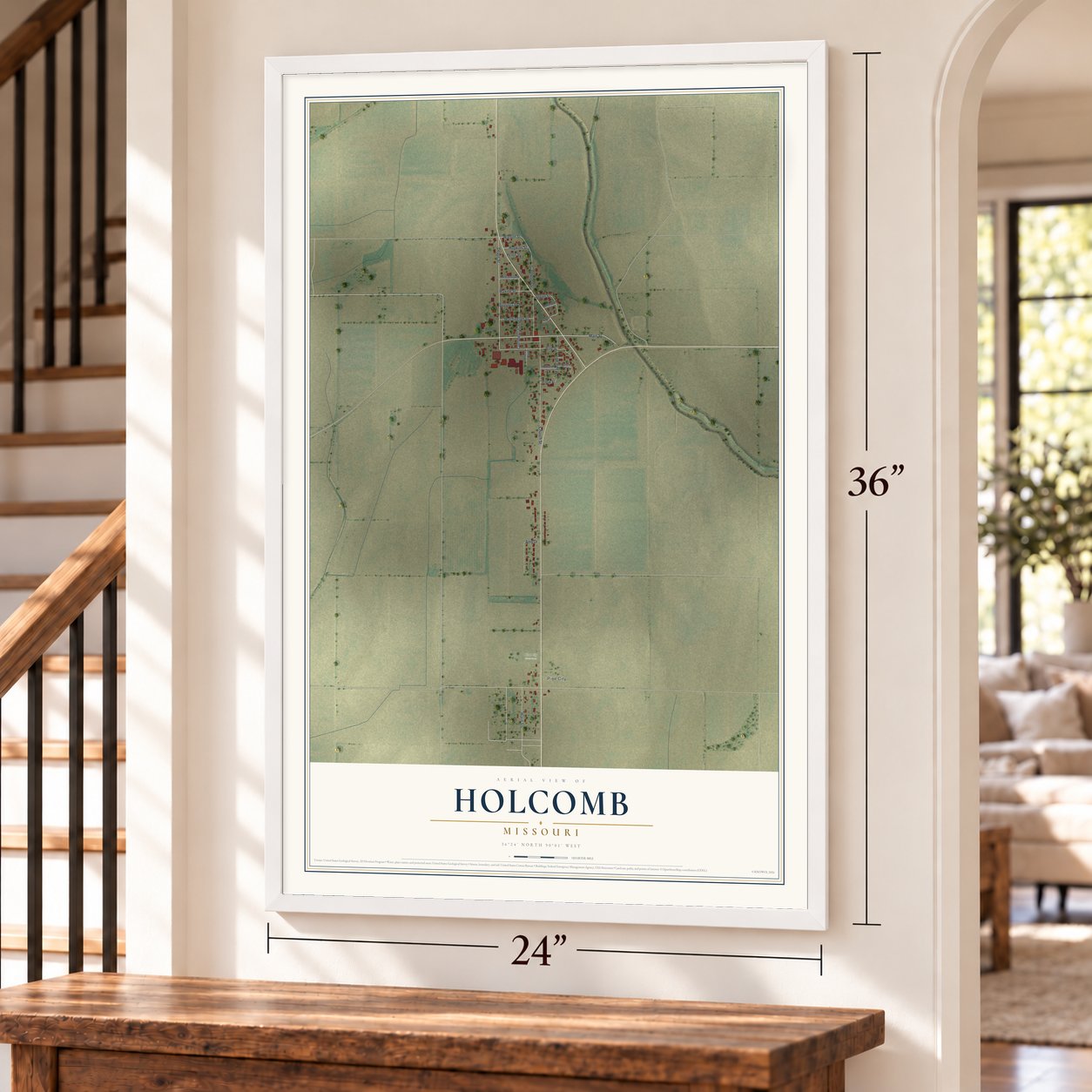 Holcomb, Missouri map, 24 x 36 inch print in a white frame by a staircase