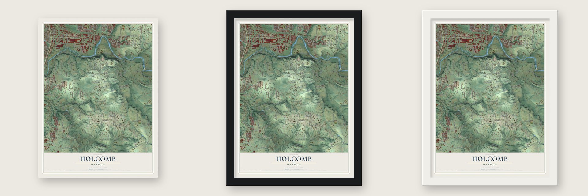 Holcomb, Oregon map unframed, in a black wood frame and in a white wood frame