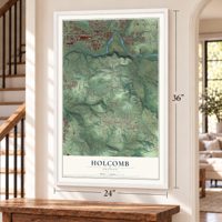 Holcomb, Oregon map, 24 x 36 inch print in a white frame by a staircase