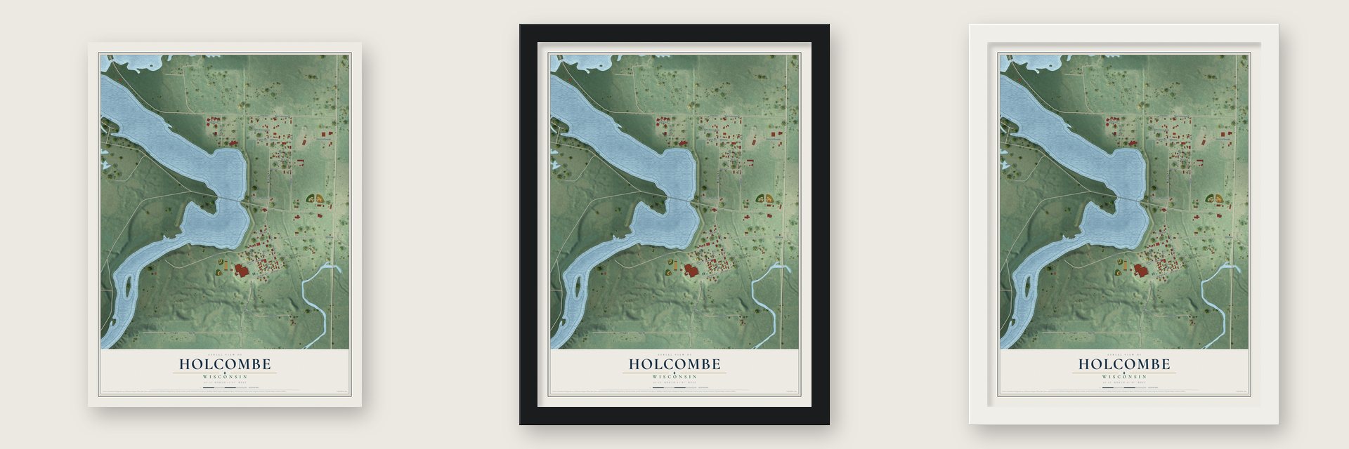 Holcombe, Wisconsin map unframed, in a black wood frame and in a white wood frame