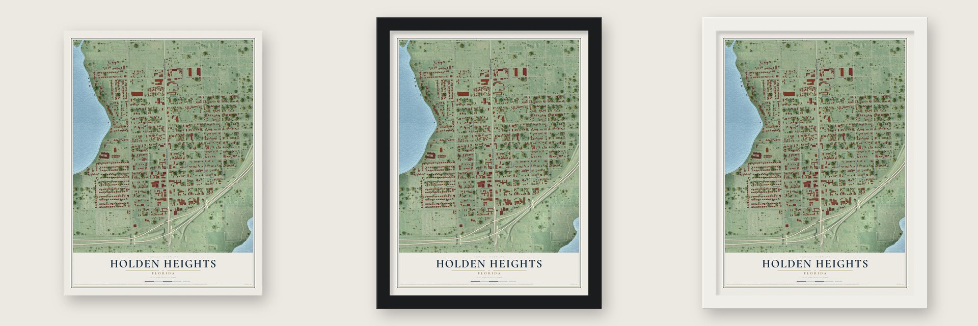 Holden Heights, Florida map unframed, in a black wood frame and in a white wood frame