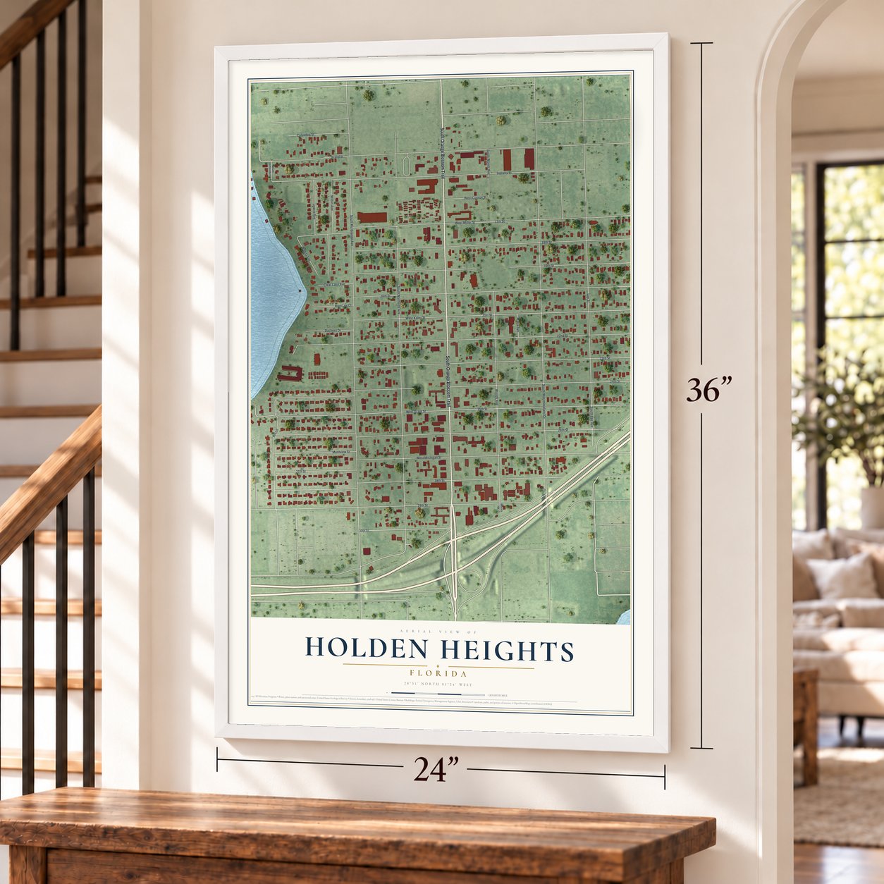 Holden Heights, Florida map, 24 x 36 inch print in a white frame by a staircase