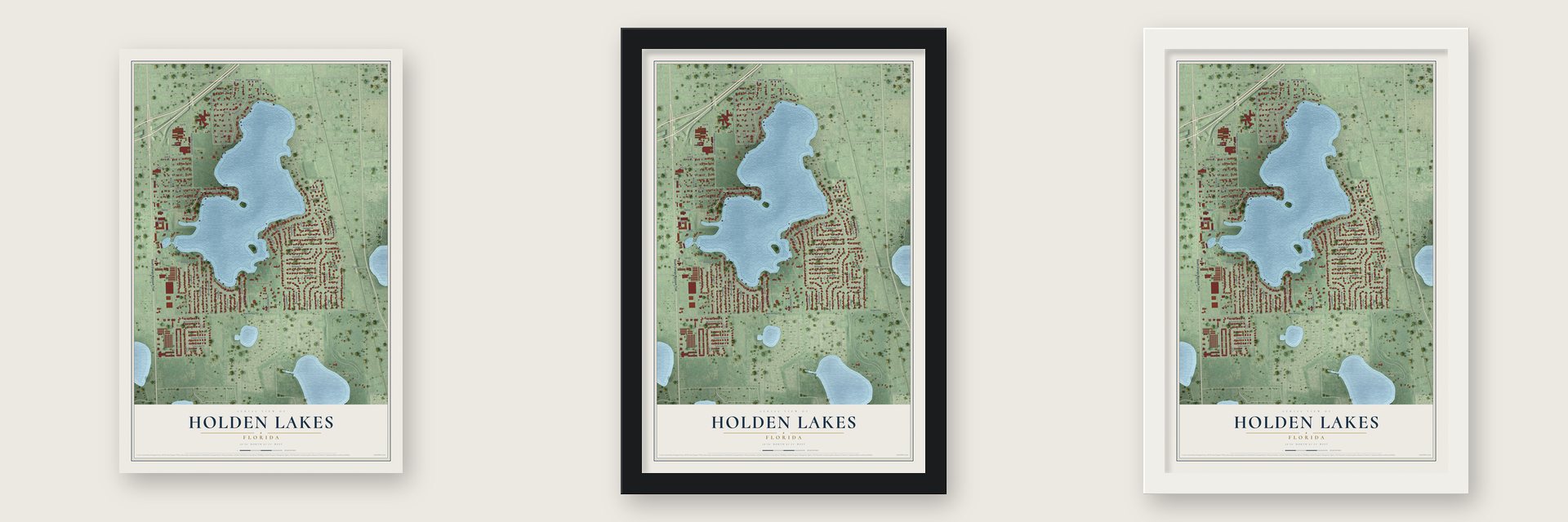 Holden Lakes, Florida map unframed, in a black wood frame and in a white wood frame