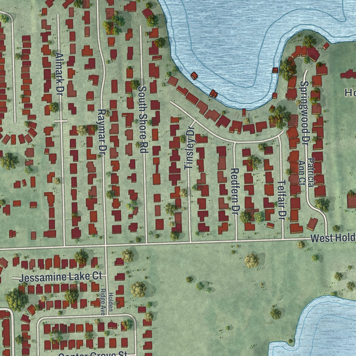 Second close-up of the map of Holden Lakes, Florida print showing more streets and buildings