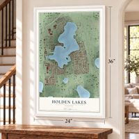 Holden Lakes, Florida map, 24 x 36 inch print in a white frame by a staircase