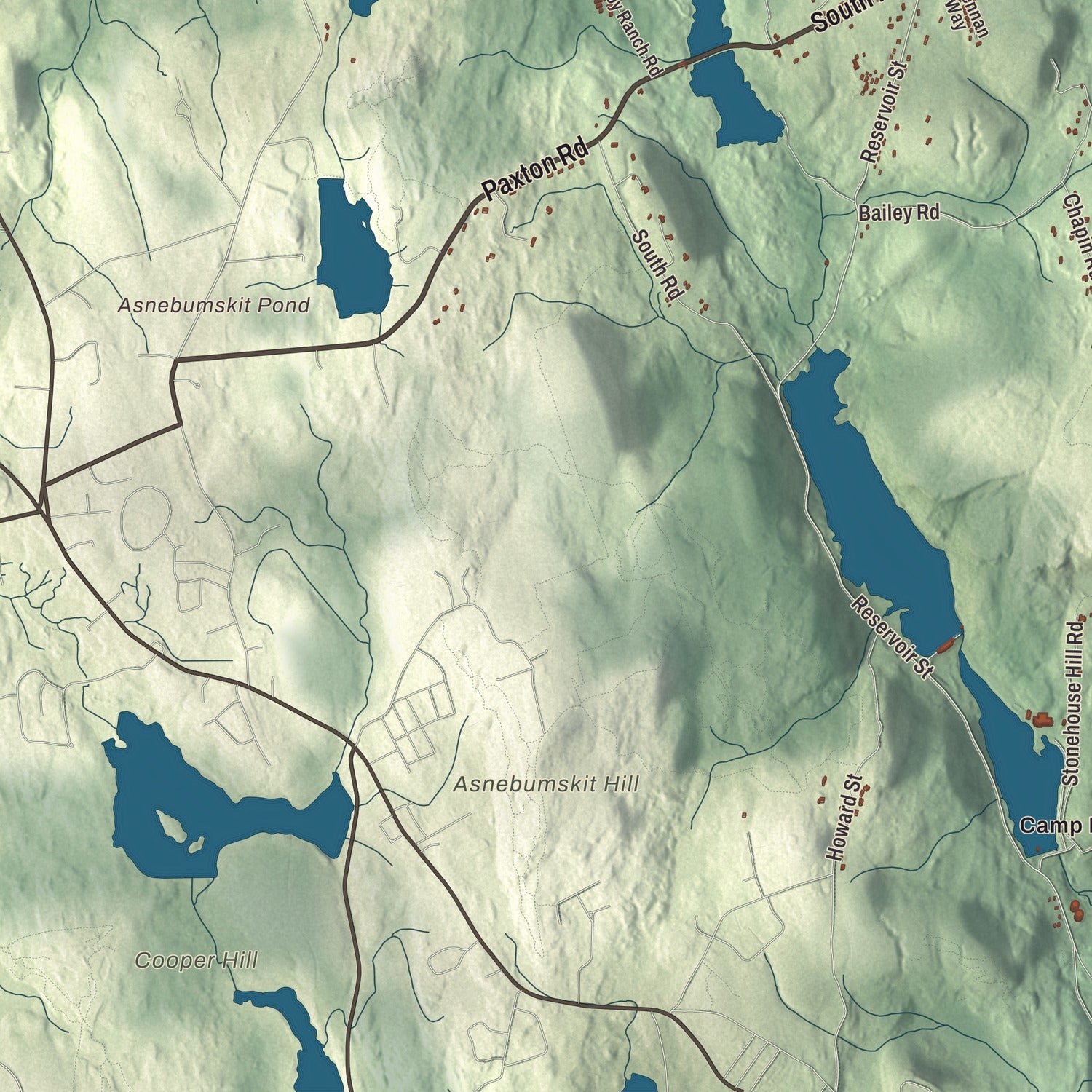 Close-up of the map of Holden, Massachusetts print showing terrain and local geography