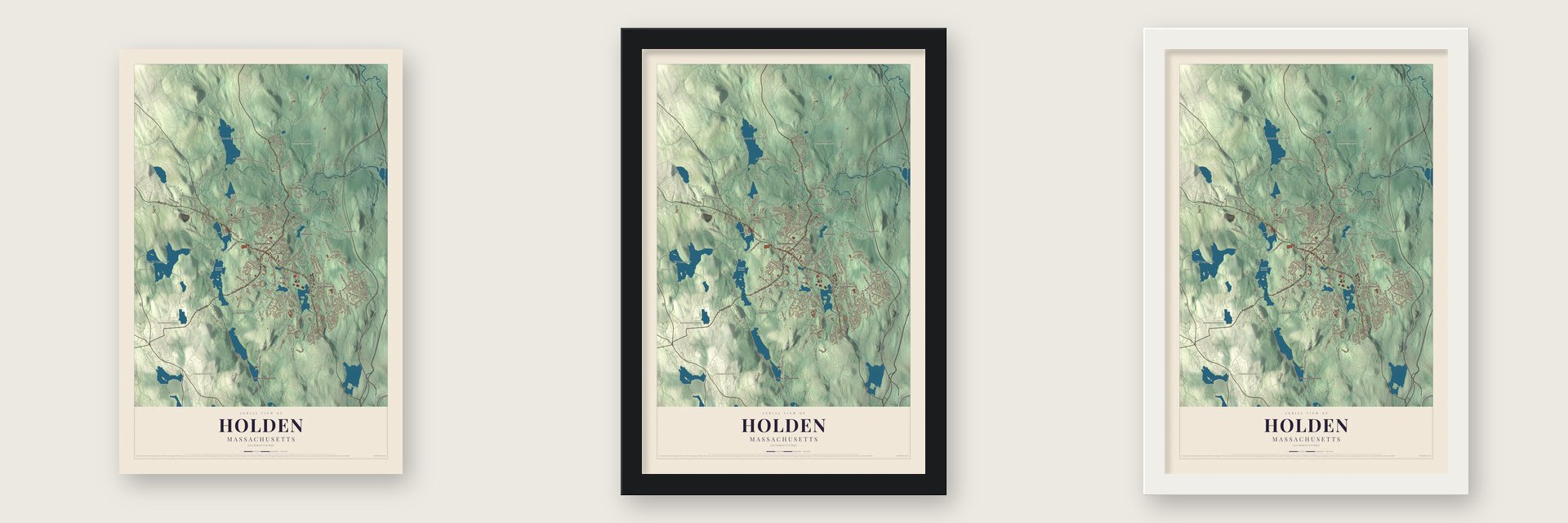 Holden, Massachusetts map unframed, in a black wood frame and in a white wood frame