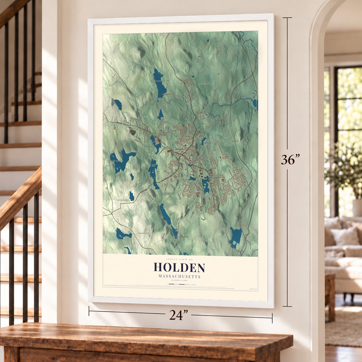 Holden, Massachusetts map, 24 x 36 inch print in a white frame by a staircase