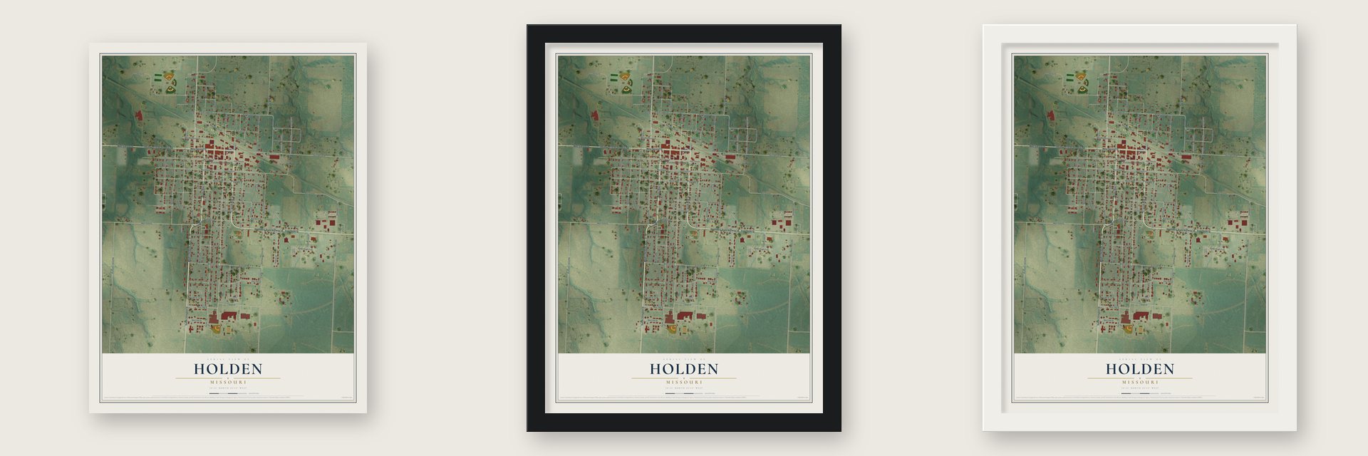 Holden, Missouri map unframed, in a black wood frame and in a white wood frame