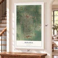 Holden, Missouri map, 24 x 36 inch print in a white frame by a staircase