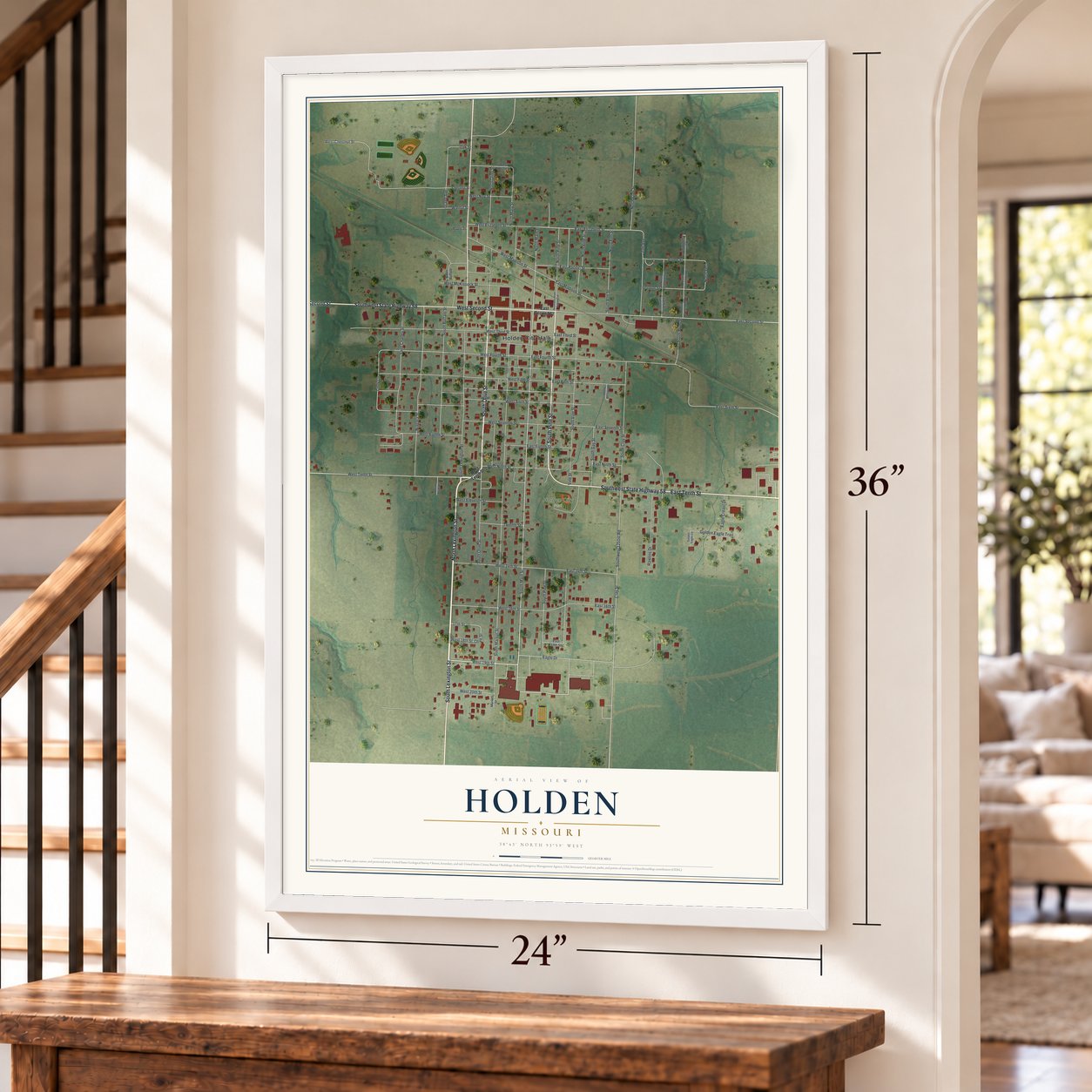 Holden, Missouri map, 24 x 36 inch print in a white frame by a staircase
