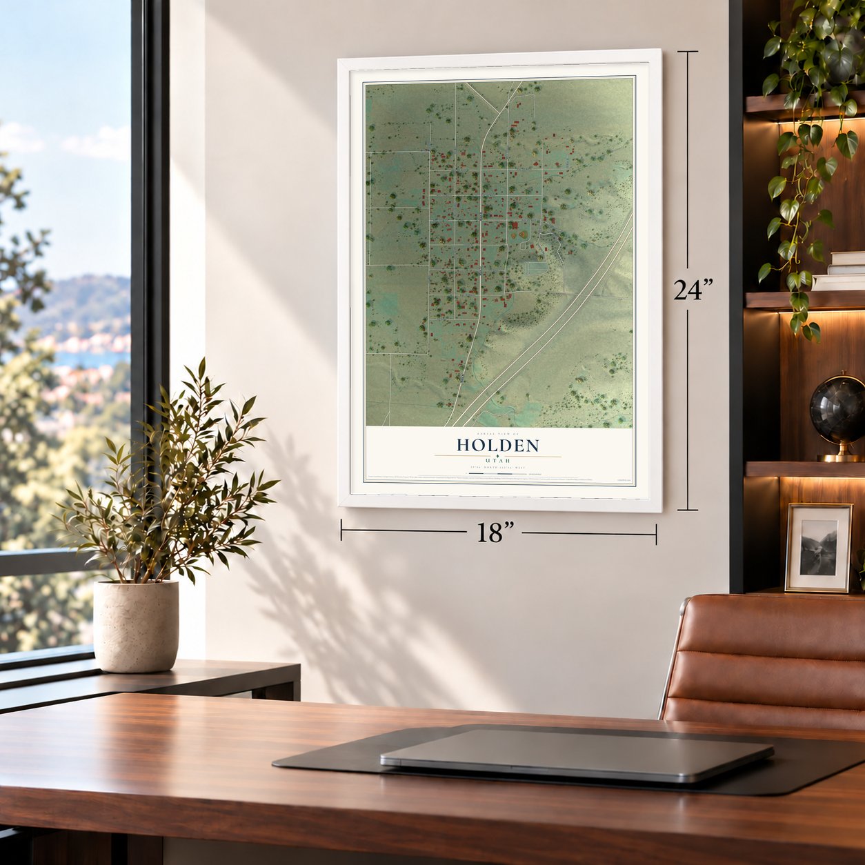 Holden, Utah map, 18 x 24 inch print in a white frame in a home office