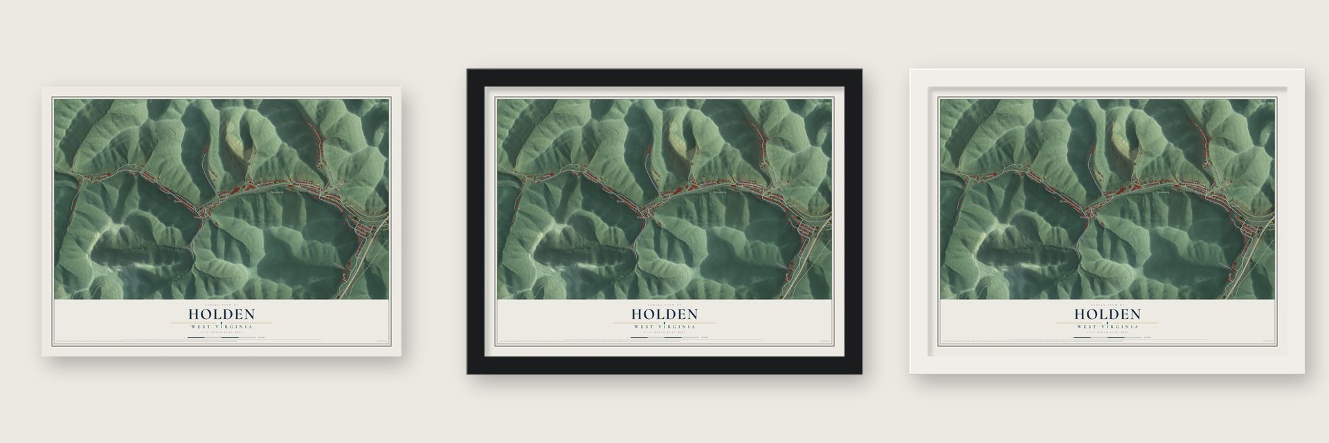 Holden, West Virginia map unframed, in a black wood frame and in a white wood frame