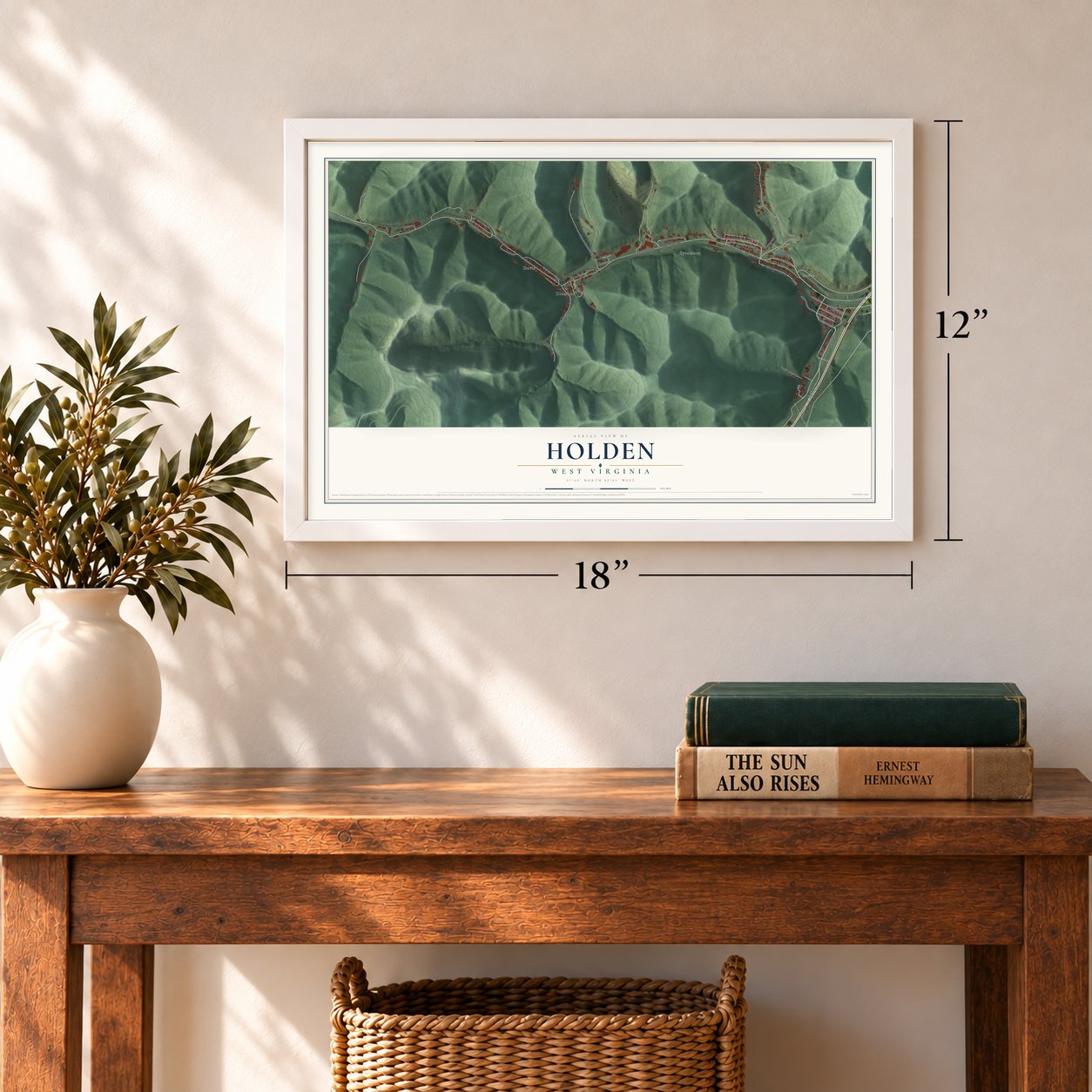 Holden, West Virginia map, 12 x 18 inch print in a white frame in an entryway