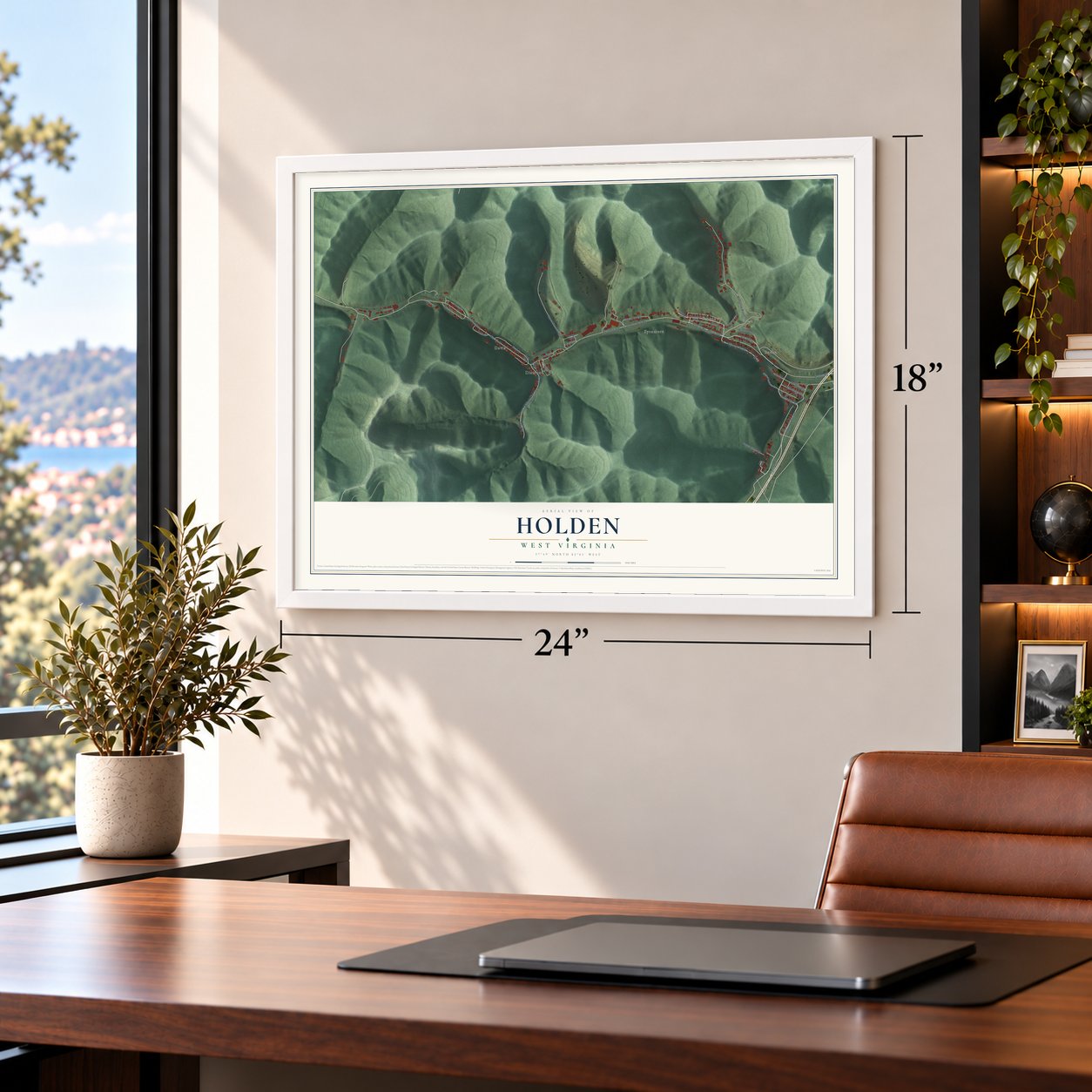 Holden, West Virginia map, 18 x 24 inch print in a white frame in a home office