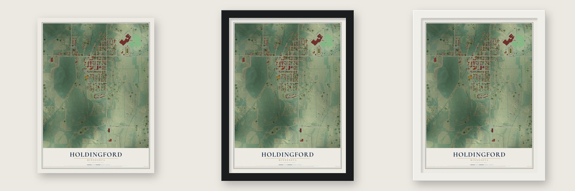 Holdingford, Minnesota map unframed, in a black wood frame and in a white wood frame