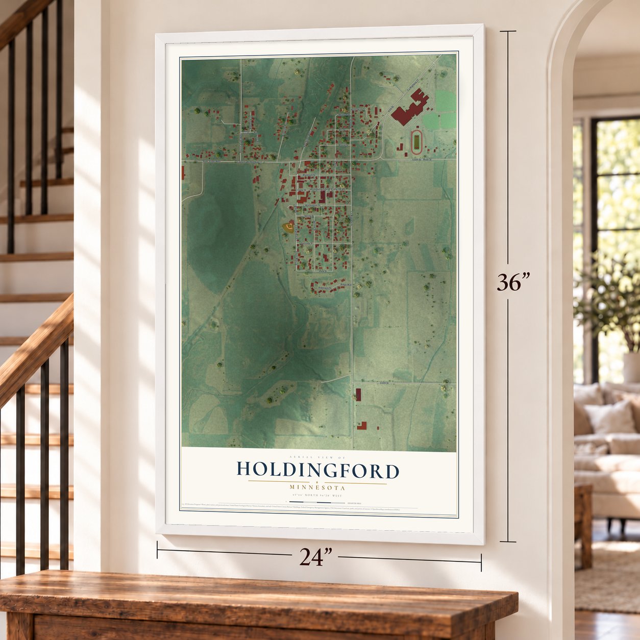 Holdingford, Minnesota map, 24 x 36 inch print in a white frame by a staircase