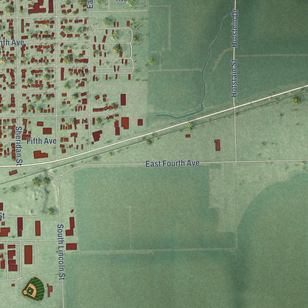 Second close-up of the map of Holdrege, Nebraska print showing more streets and buildings