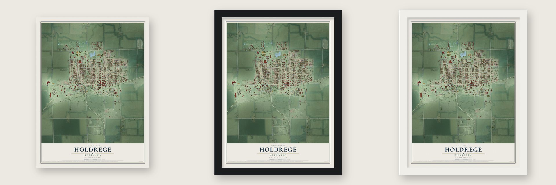 Holdrege, Nebraska map unframed, in a black wood frame and in a white wood frame