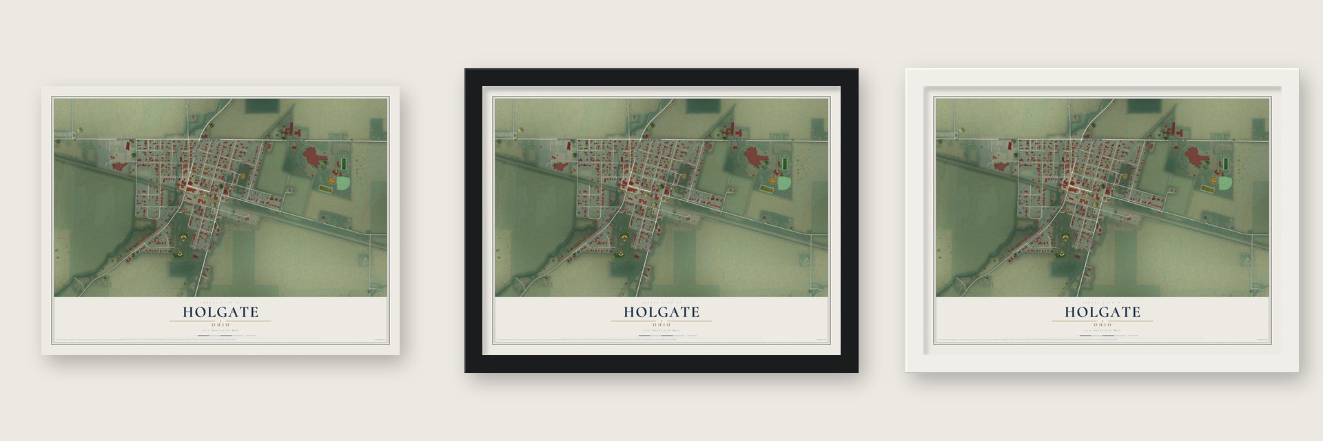 Holgate, Ohio map unframed, in a black wood frame and in a white wood frame
