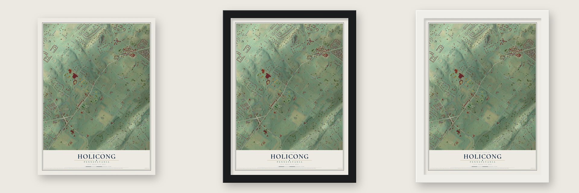 Holicong, Pennsylvania map unframed, in a black wood frame and in a white wood frame