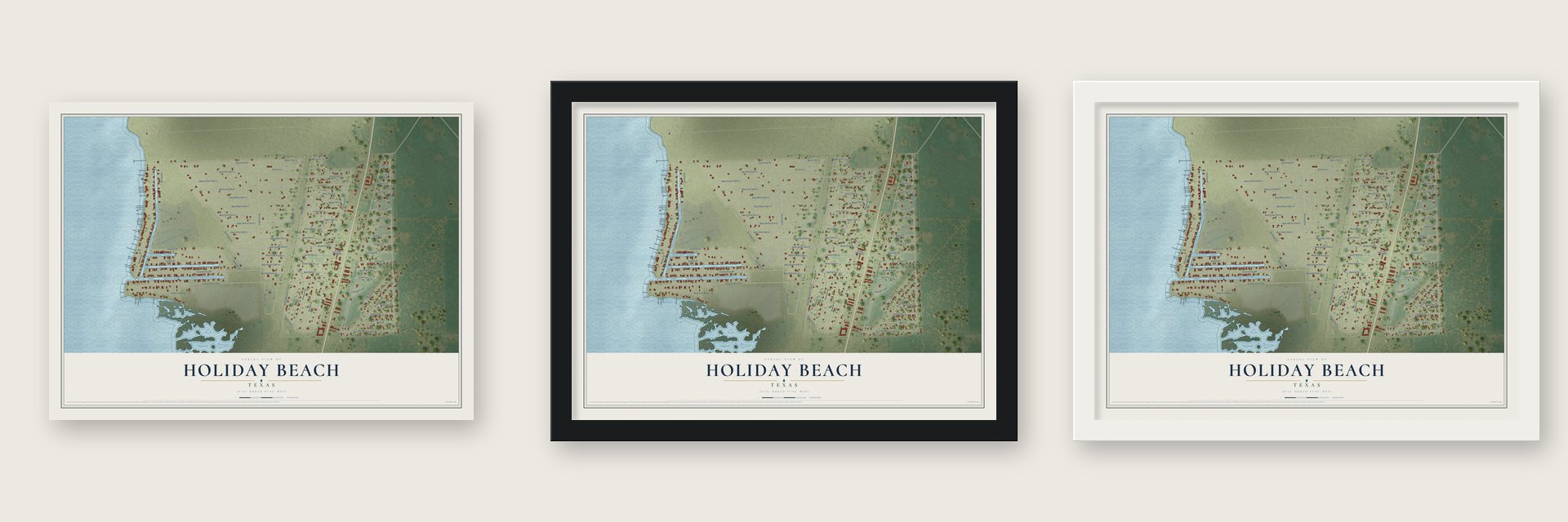 Holiday Beach, Texas map unframed, in a black wood frame and in a white wood frame