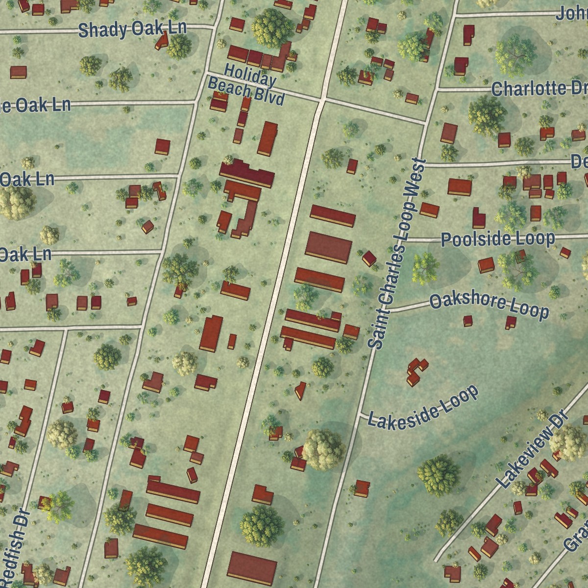 Second close-up of the map of Holiday Beach, Texas print showing more streets and buildings