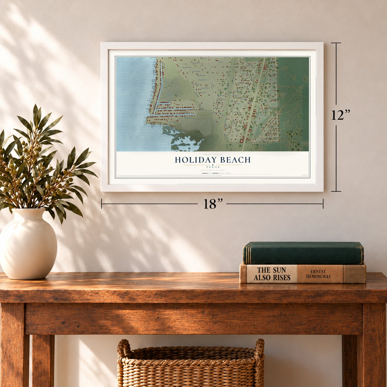 Holiday Beach, Texas map, 12 x 18 inch print in a white frame in an entryway
