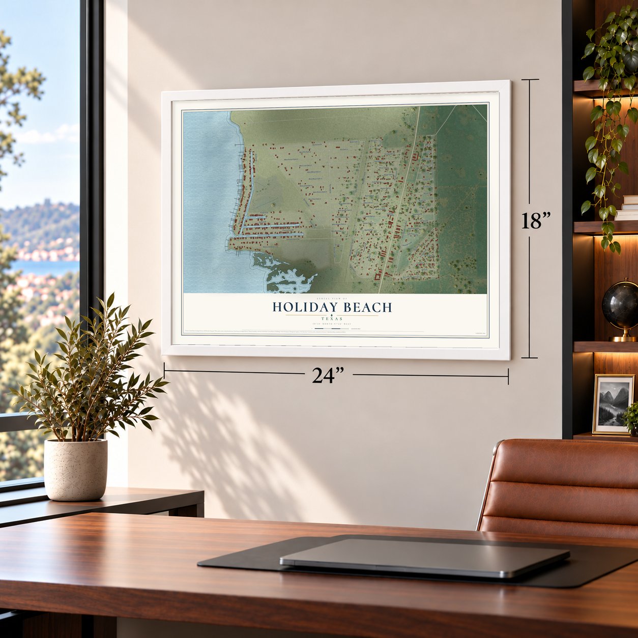 Holiday Beach, Texas map, 18 x 24 inch print in a white frame in a home office