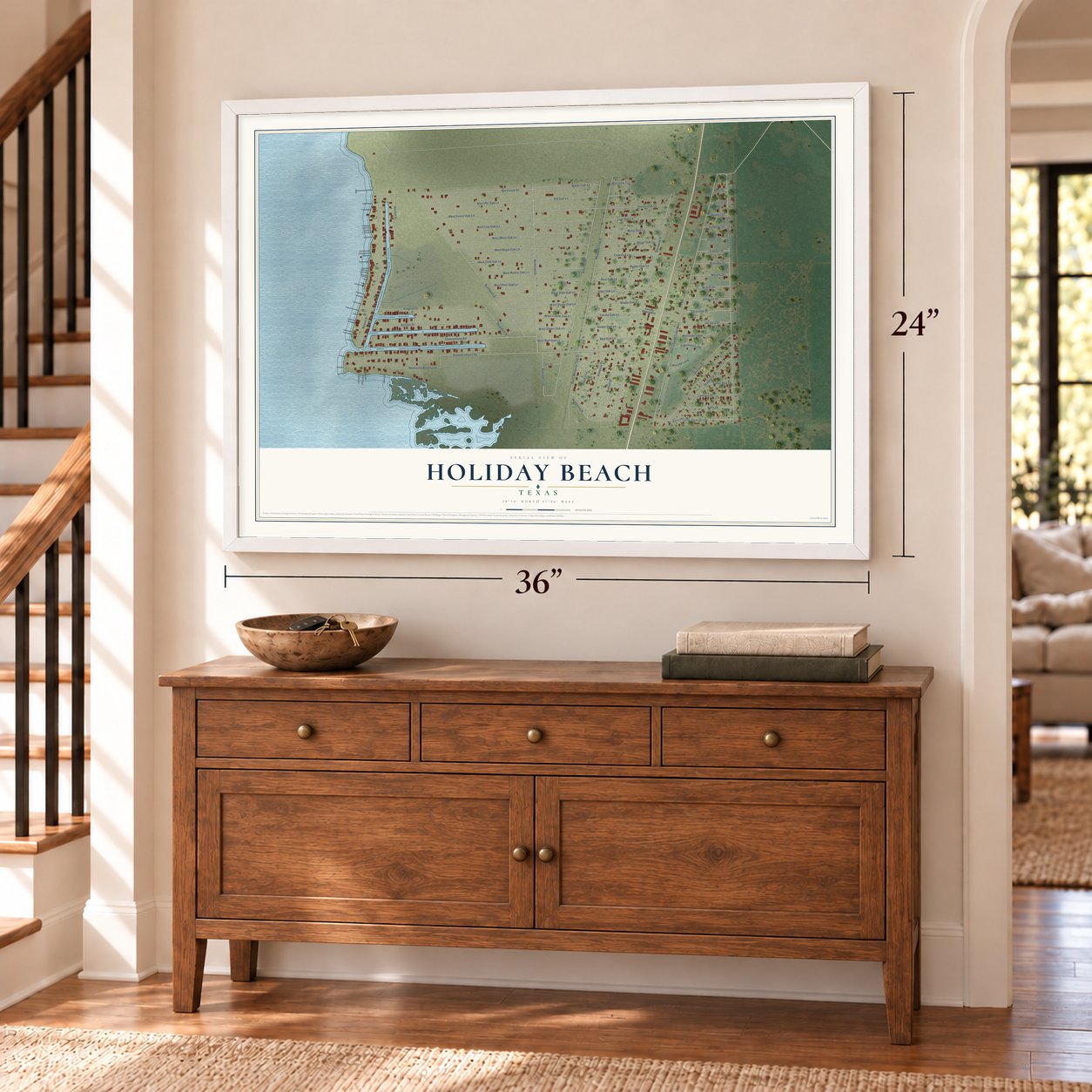 Holiday Beach, Texas map, 24 x 36 inch print in a white frame above a dresser by a staircase