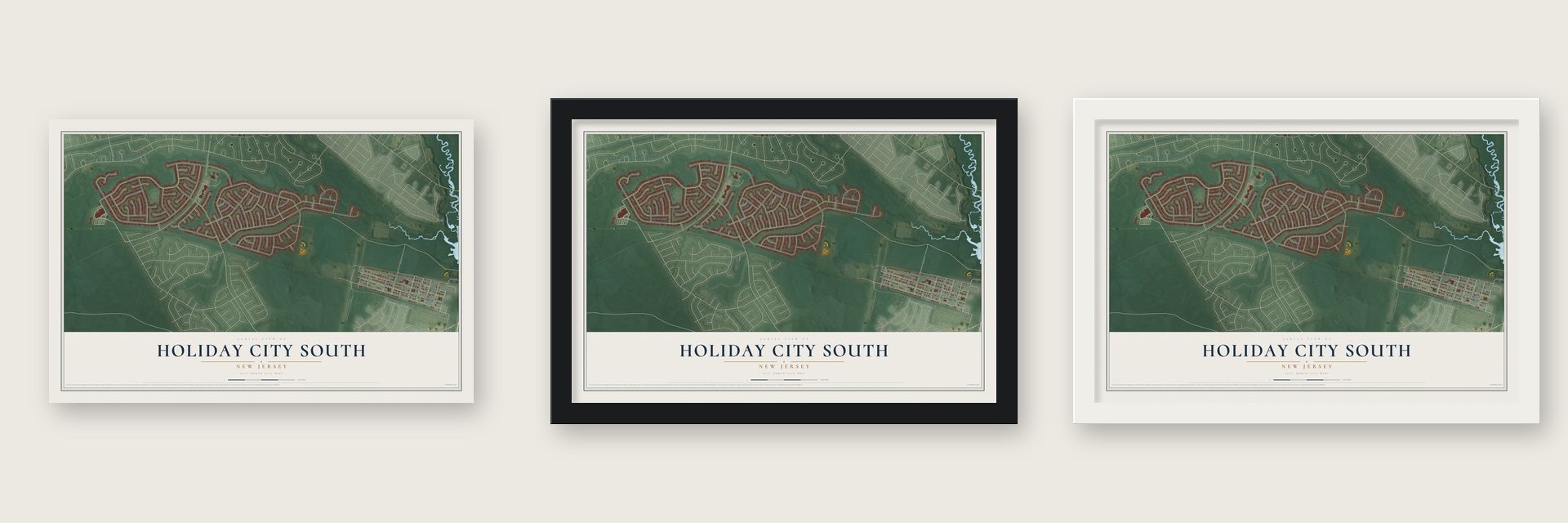 Holiday City South, New Jersey map unframed, in a black wood frame and in a white wood frame