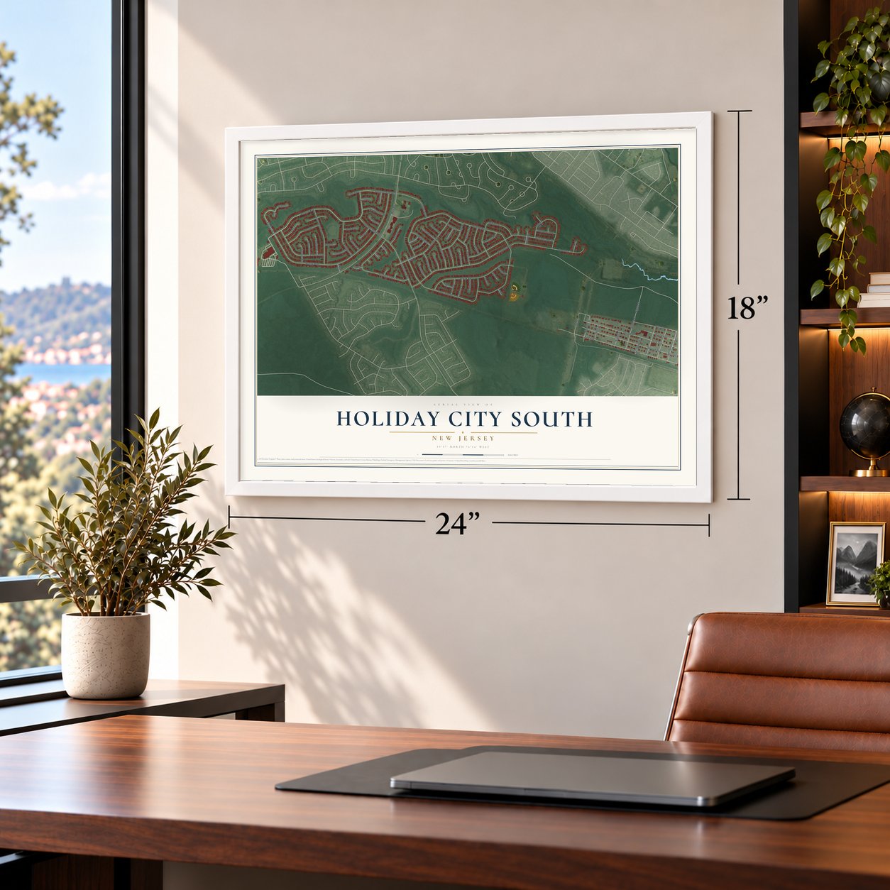 Holiday City South, New Jersey map, 18 x 24 inch print in a white frame in a home office